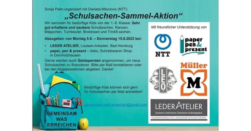 Spenden für die Schulsachen-Sammel-Aktion 2023 gesucht – Abgabe zwischen 5.6 und 15.6 möglich! Anmeldungen für die Ausgabe sind ebenfalls schon möglich!